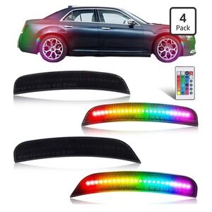 RGB LED Side Marker Lights for Chrysler 300 2015-2024 Smoked Lens 4pc Remote Kit